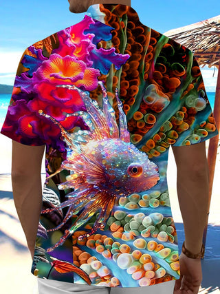 Men's Hawaiian fish print pocket short sleeve shirt back view