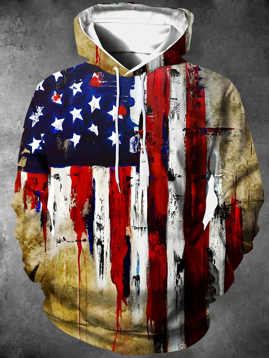 Men's red white blue American flag print long sleeve pullover hoodie front view for Independence Day
