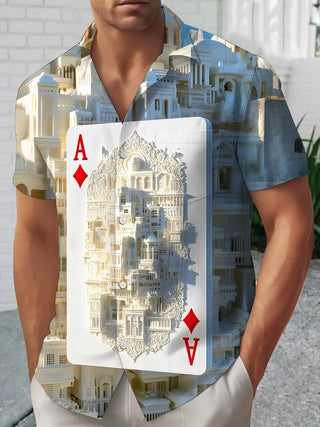Men's short sleeve shirt front view with Art Relief Santorini Ace Of Diamonds poker pattern