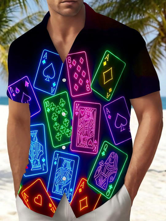 Neon Colorful Fluorescent Poker Men's Pocket Short Sleeve Shirts