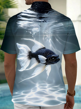 Men's Hawaiian fish print short sleeve shirt side view