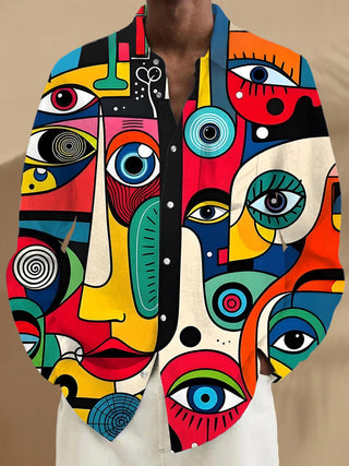 Men art face eyes pocket long sleeve shirt front view