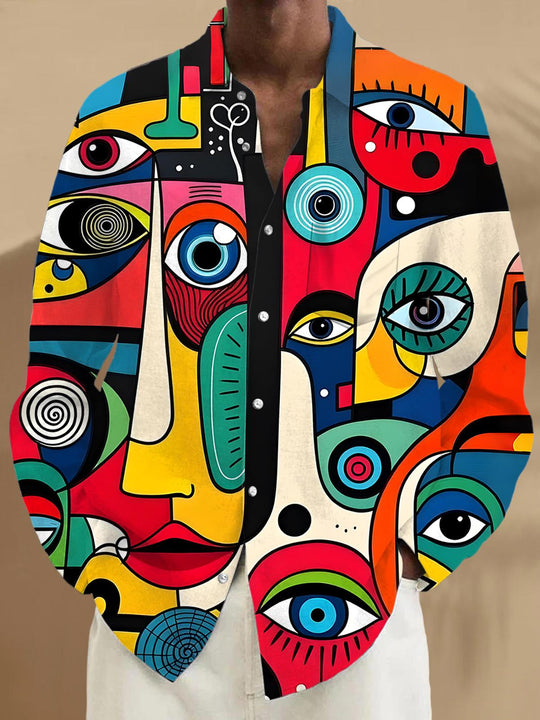 Men art face eyes pocket long sleeve shirt front view