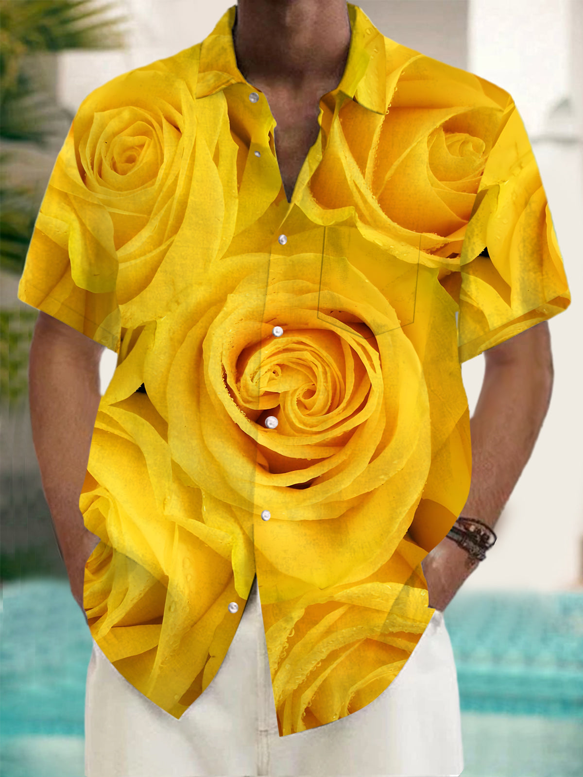 Yellow Rose Print Men's Pocket Short Sleeve Shirts