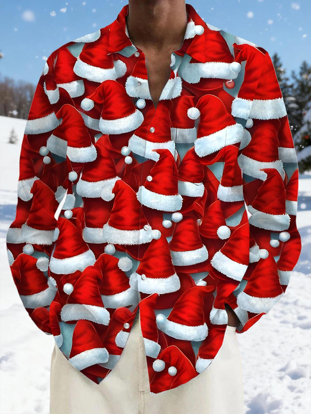Christmas Hat Print Men's Pocket Long Sleeve Shirts