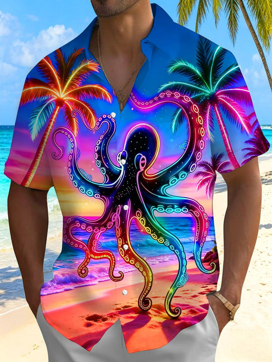 Hawaiian Neon Dazzling Colorful Beach Gradient Octopus Coconut Tree Men's Pocket Short Sleeve Shirts