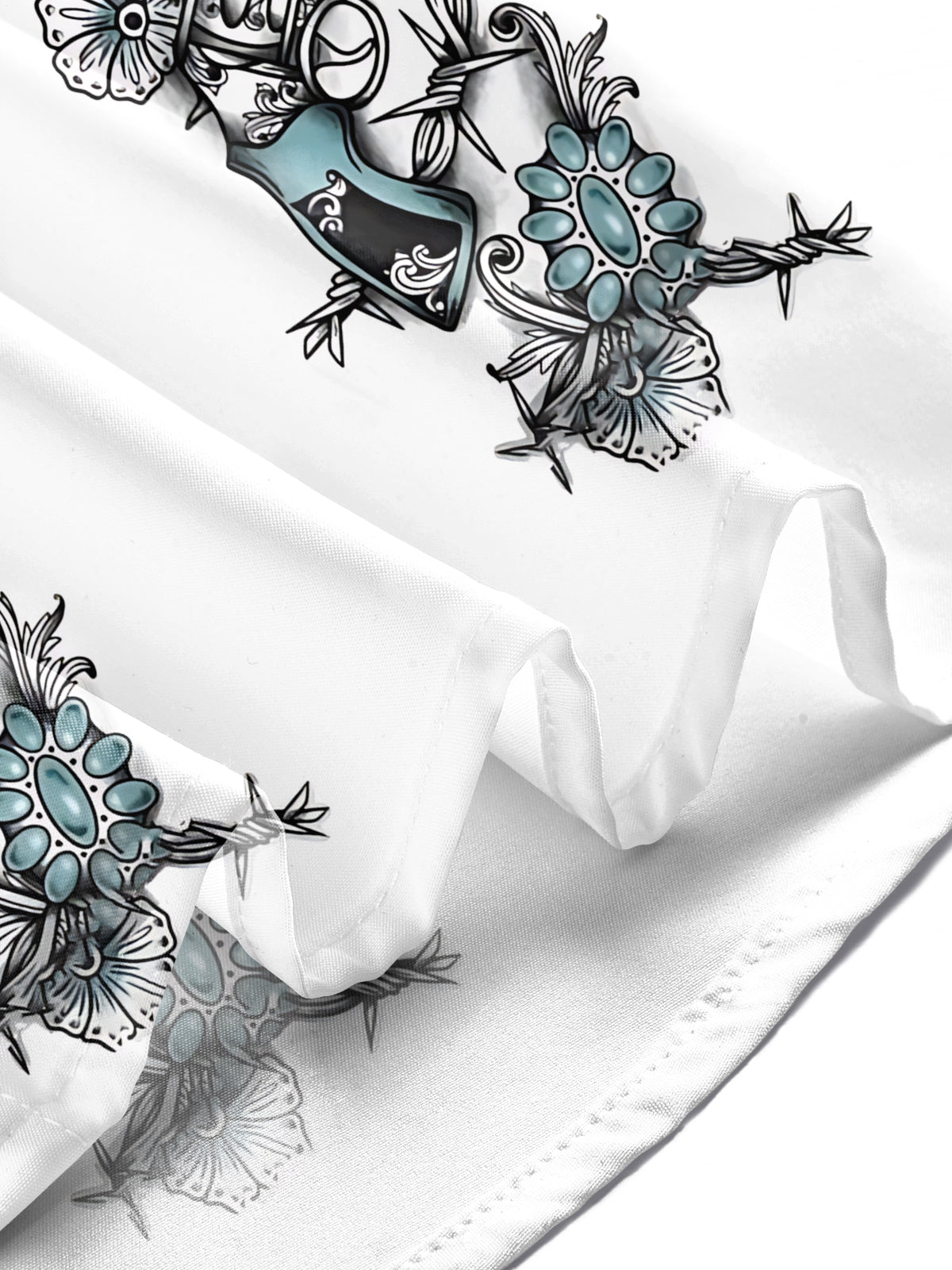 Western Cowboy Flower Playing Card Turquoise Print Men's Pocket Short Sleeve Shirts