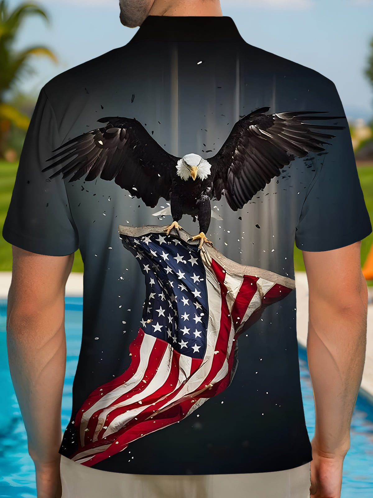 American Flag Eagle Print Men's Short Sleeve Button Polo Shirt