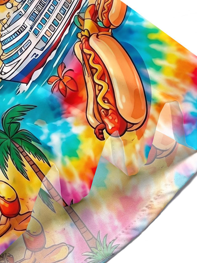 Hawaiian Colorful Tie-Dye Hot Dog Cruise Vacation Men's Pocket Short Sleeve Shirts