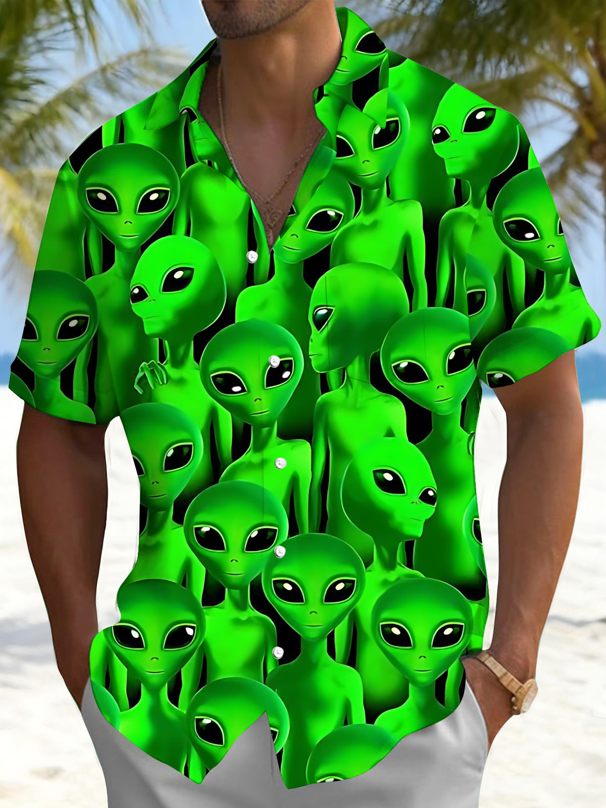Men's alien print short sleeve shirt front view