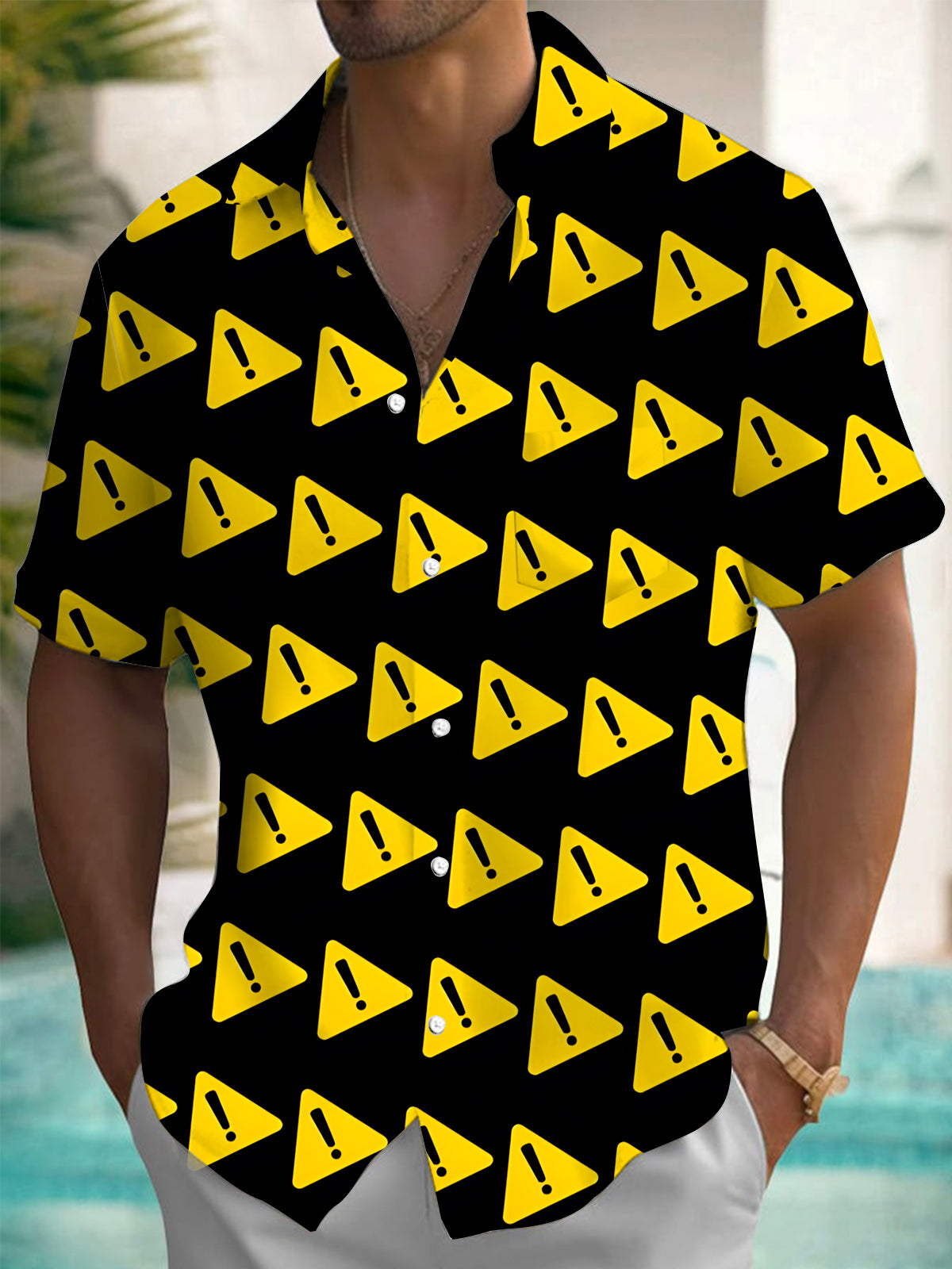 Warning Sign Print Men's Pocket Short Sleeve Shirts