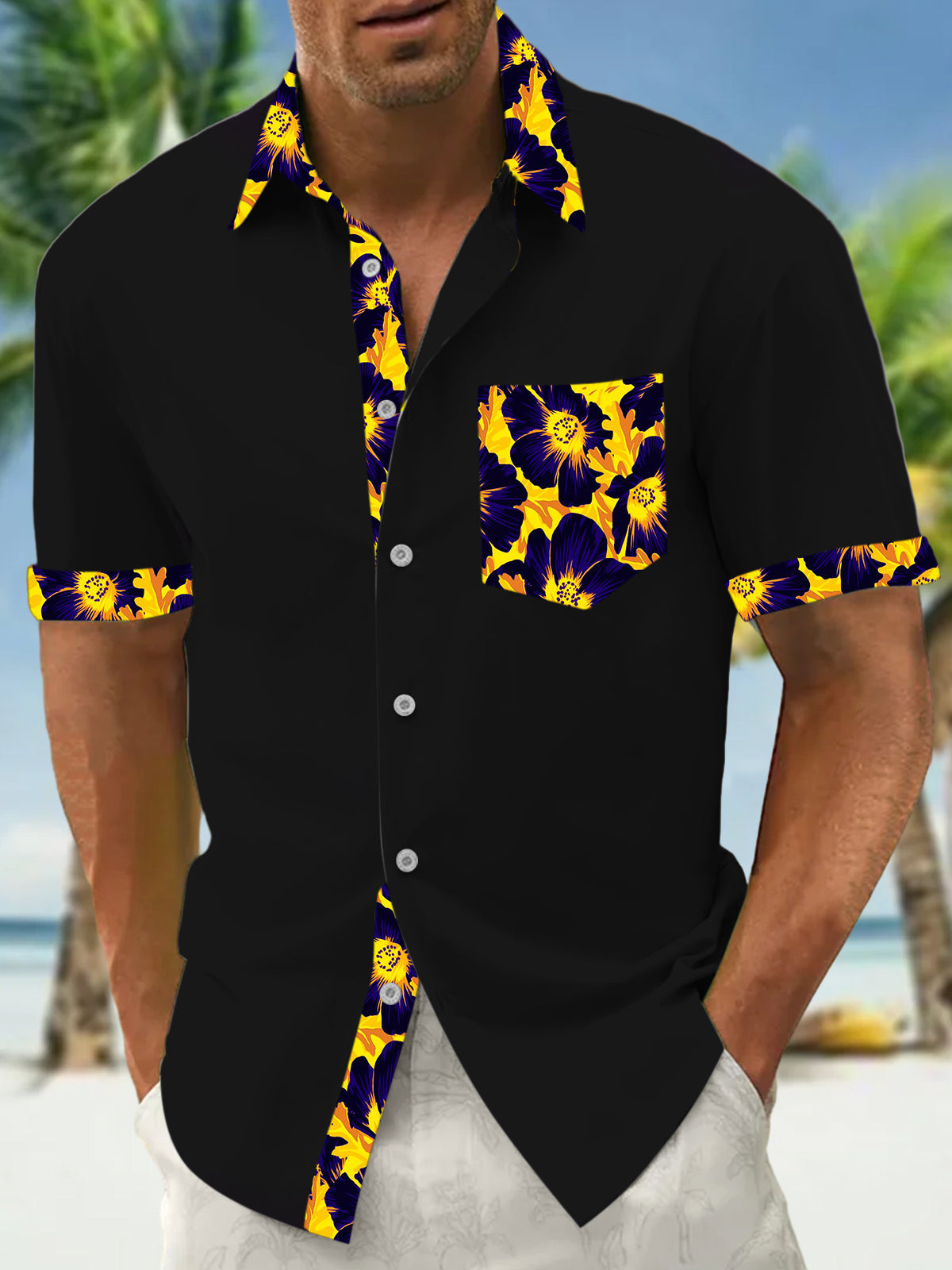 Floral Print Men's Pocket Short Sleeve Shirts