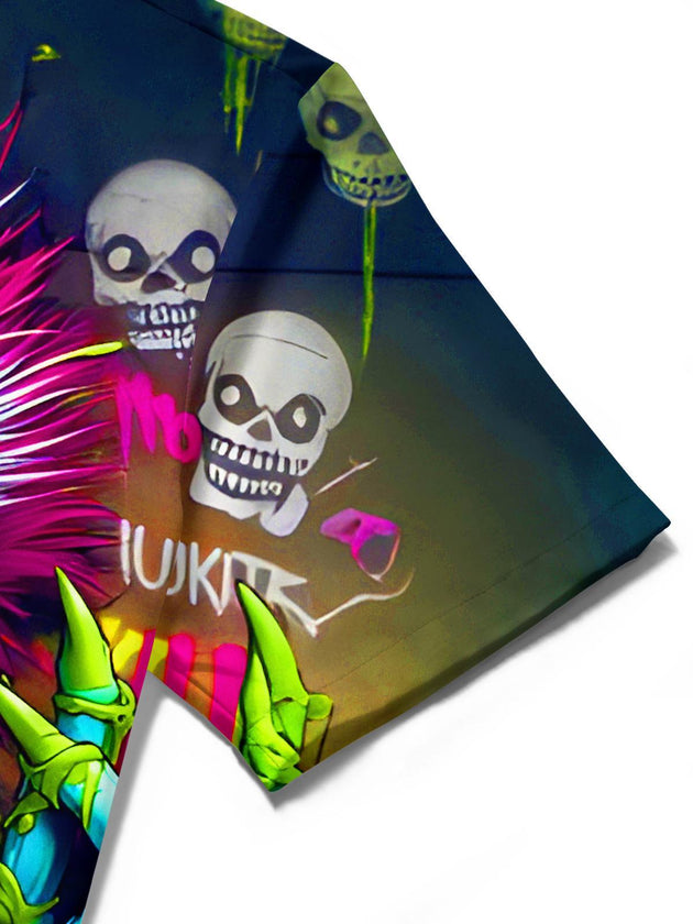Men's dark neon graffiti horror clown joker short sleeve shirt close-up detail of print