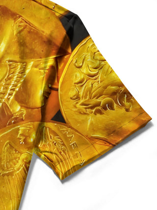 Men's gold coin print short sleeve shirt close-up detail view