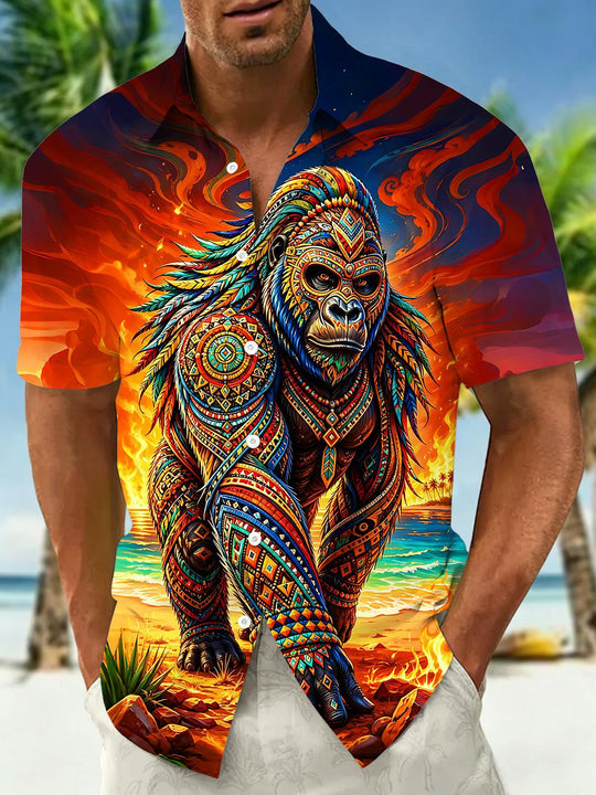Hawaii Tribal Totem Painted Gorilla Coast Sunset Flame Men's Pocket Short Sleeve Shirts