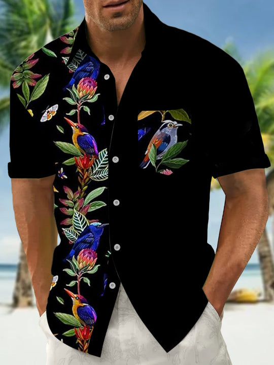 Men's floral bird print short sleeve pocket shirt front view