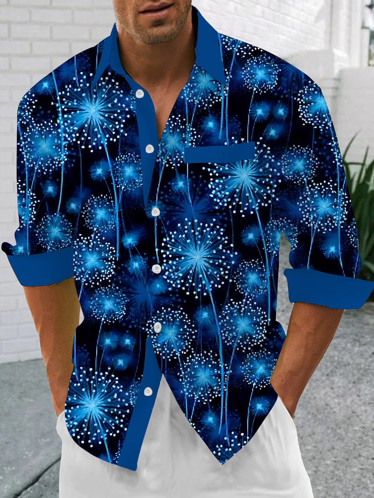 Dandelion Print Men's Pocket Long Sleeve Shirts