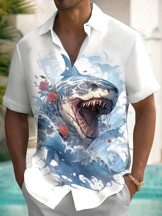 men's shark print shirt front view