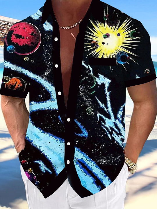 Men's Cosmic Planet Print Short Sleeve Shirt Front View