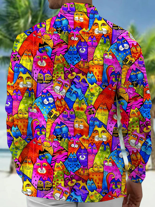 Funny Art Colorful Cats Carnival Men's Pocket Long Sleeve Shirts