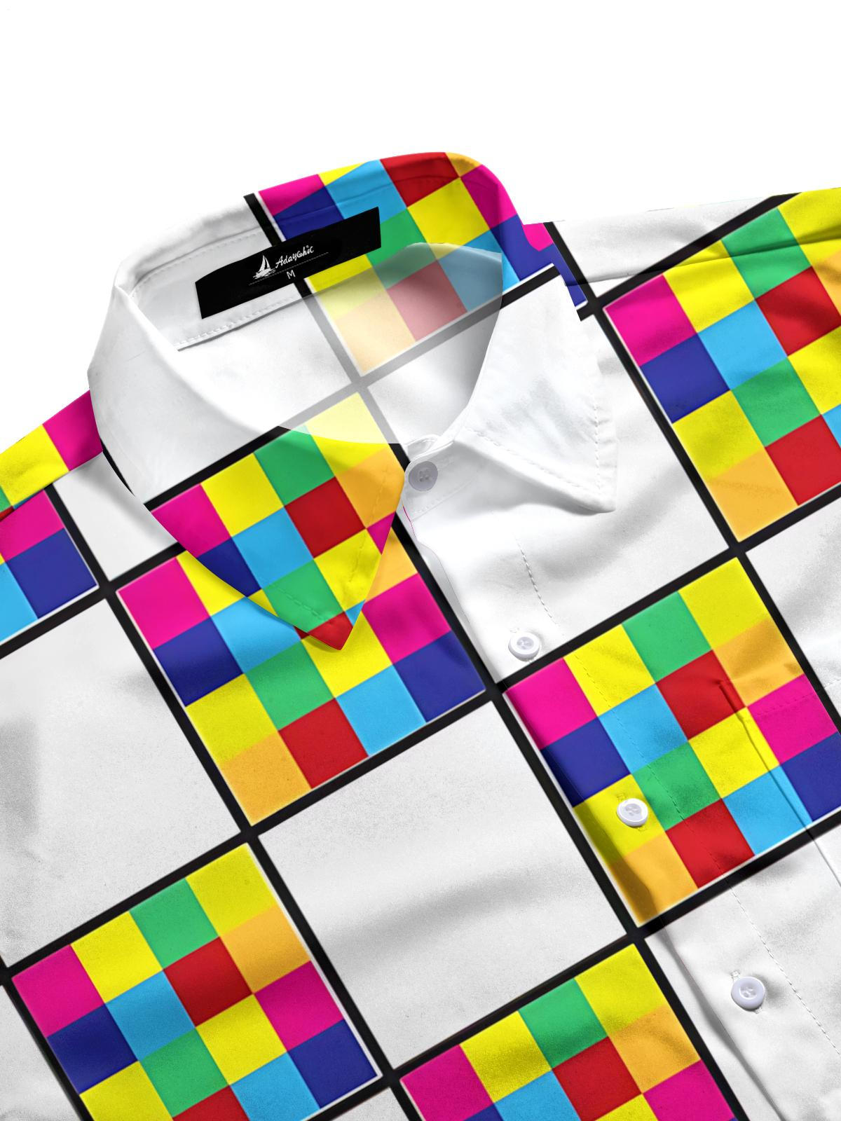 Geometric Square Print Men's Pocket Short Sleeve Shirts