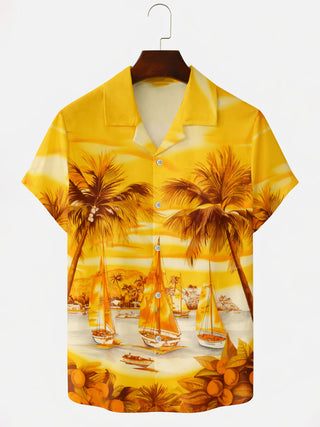Men's golden sunset palm print short sleeve Cuban collar shirt front view