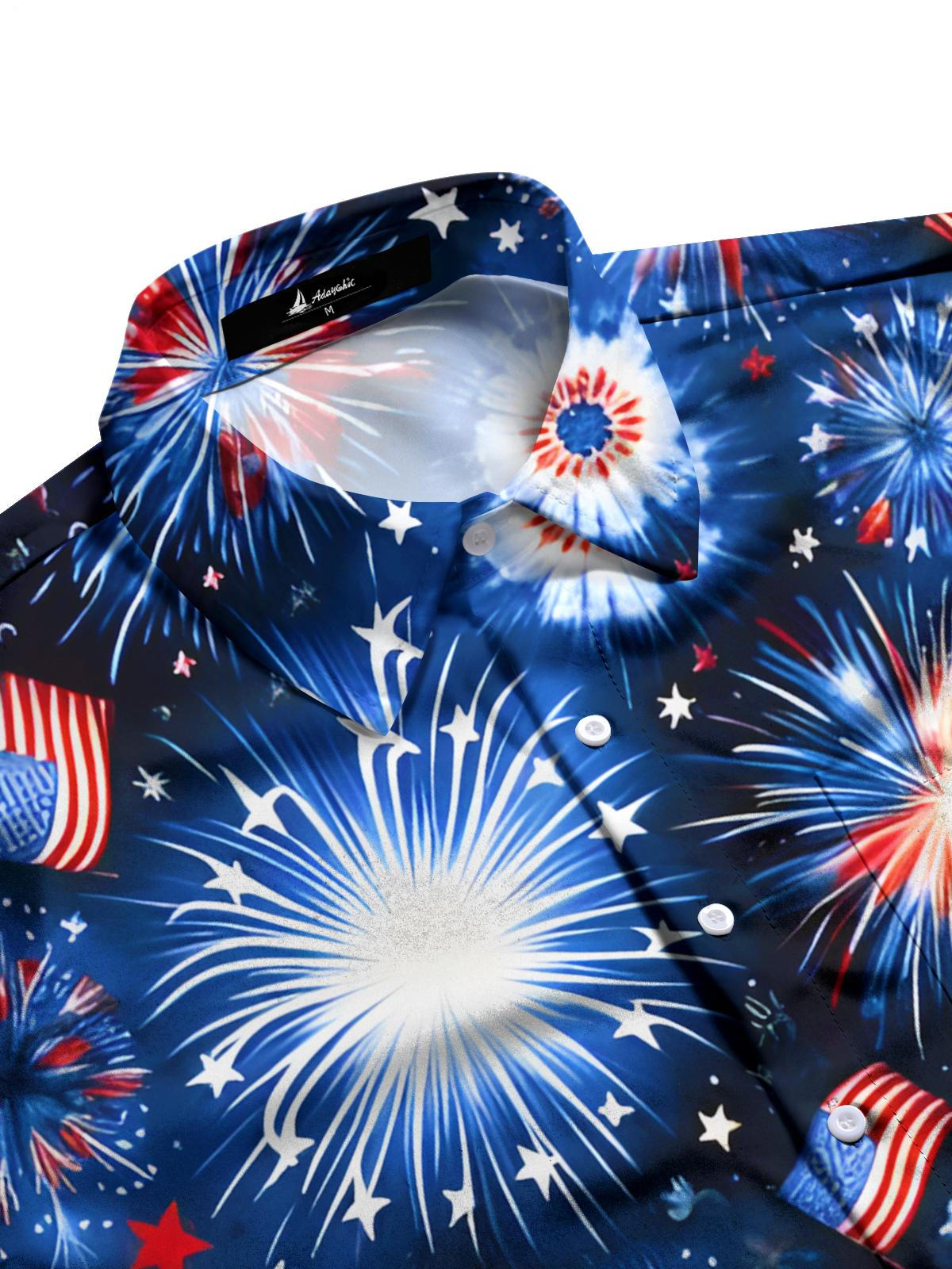 Independence Day Fireworks Print Men's Pocket Short Sleeve Shirts