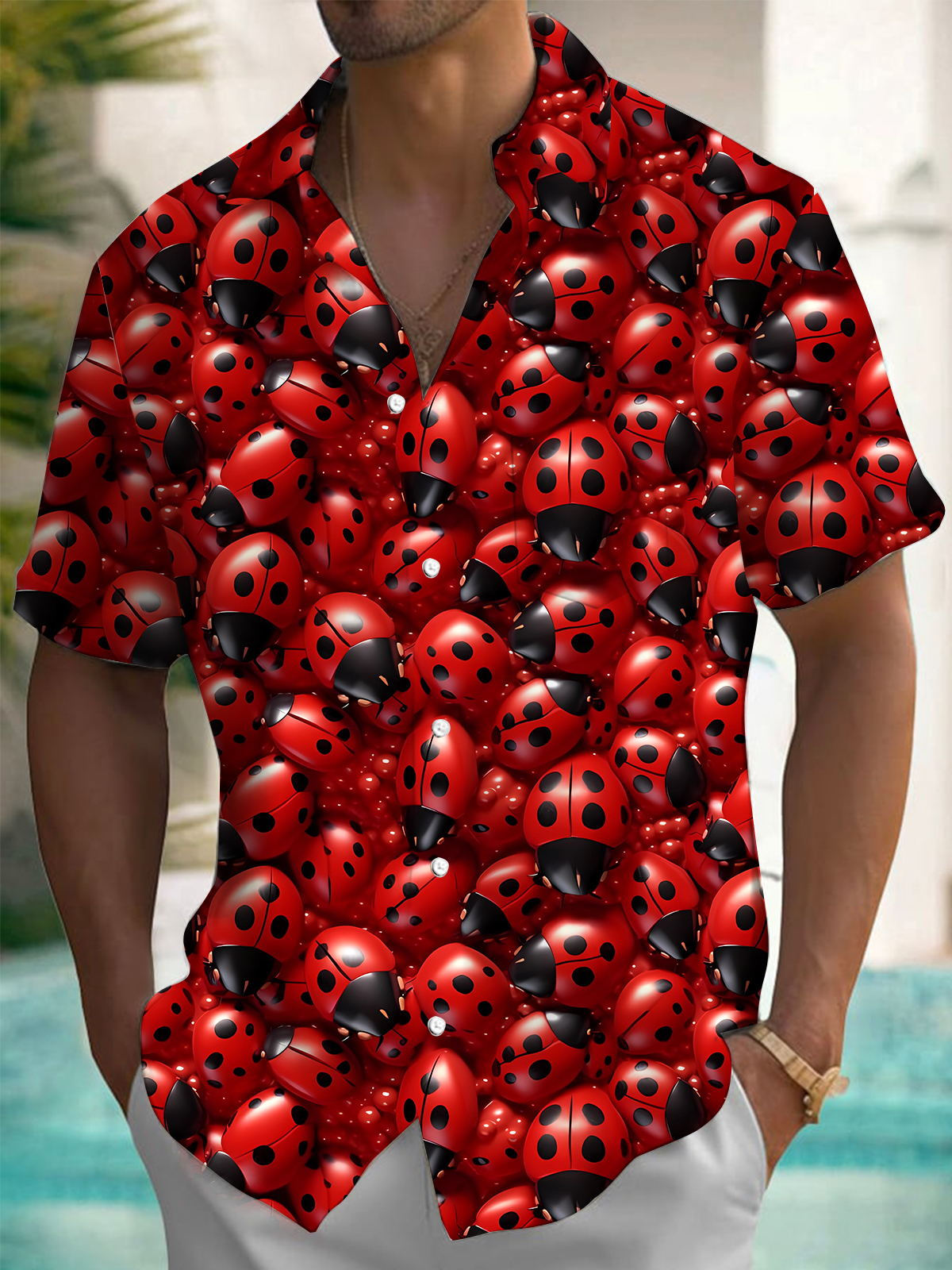 Ladybird Print Men's Pocket Short Sleeve Shirts