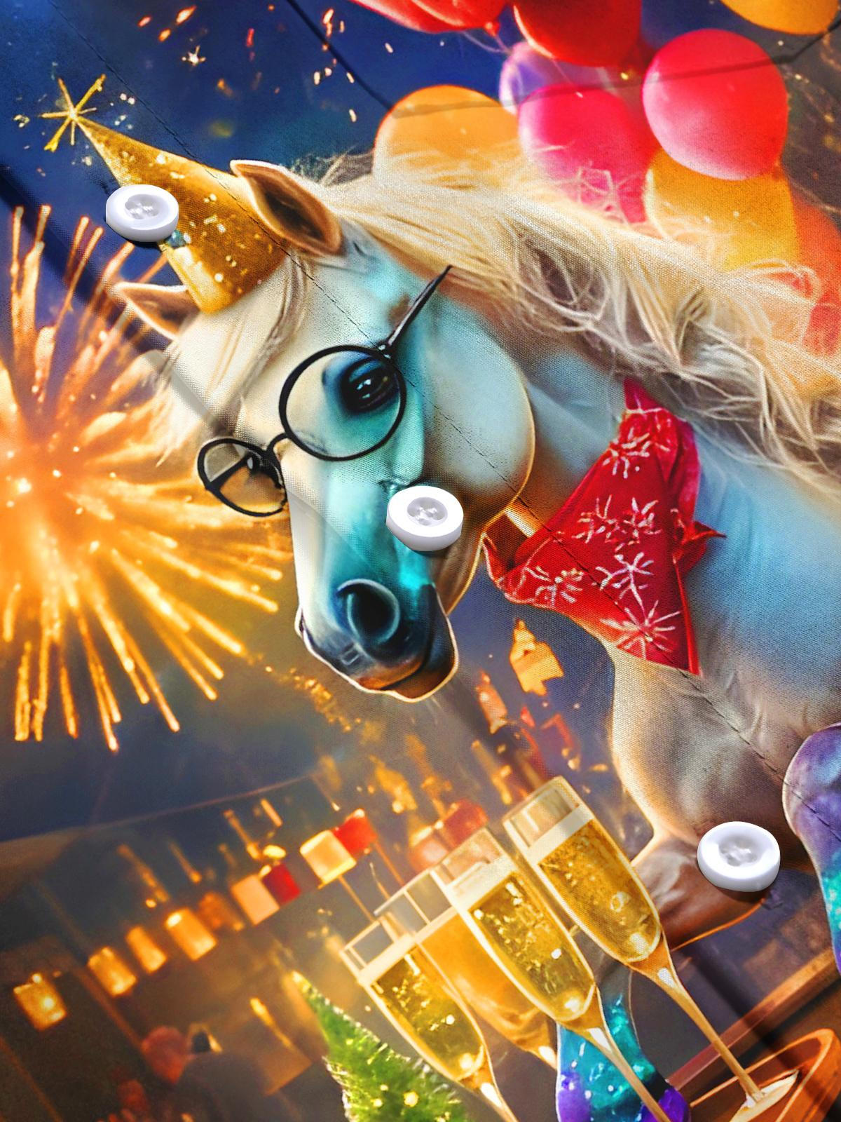 Fun Festival Horse Champagne Fireworks Balloons Men's Pocket Long Sleeve Shirts