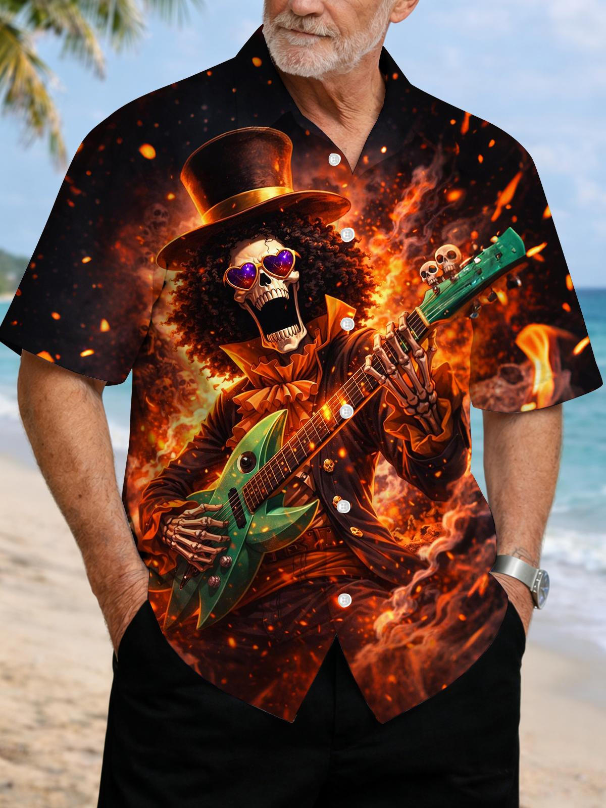 Rock Skull Playing Guitar Print Men's Pocket Short Sleeve Shirts