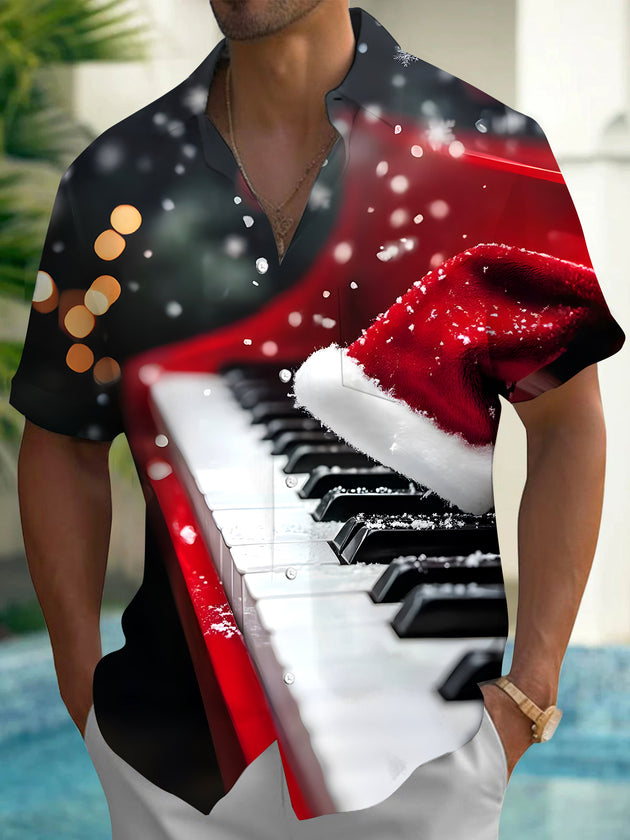 Men's Christmas hat piano print short sleeve shirt front view for holiday party