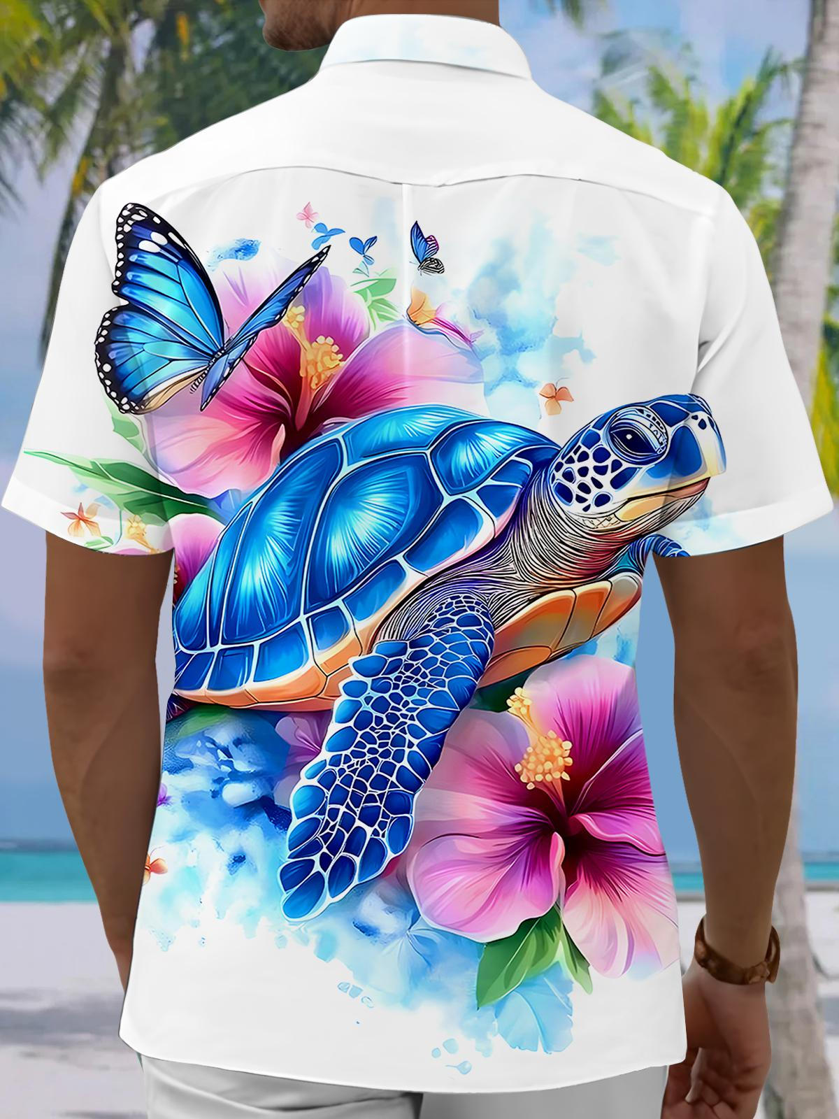 Hawaiian Turtle Floral Men's Pocket Short Sleeve Shirts