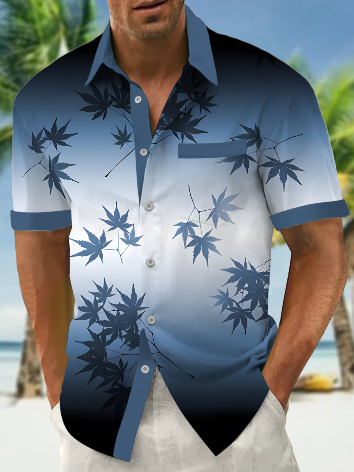 Leaf Gradient Print Men's Pocket Short Sleeve Shirts