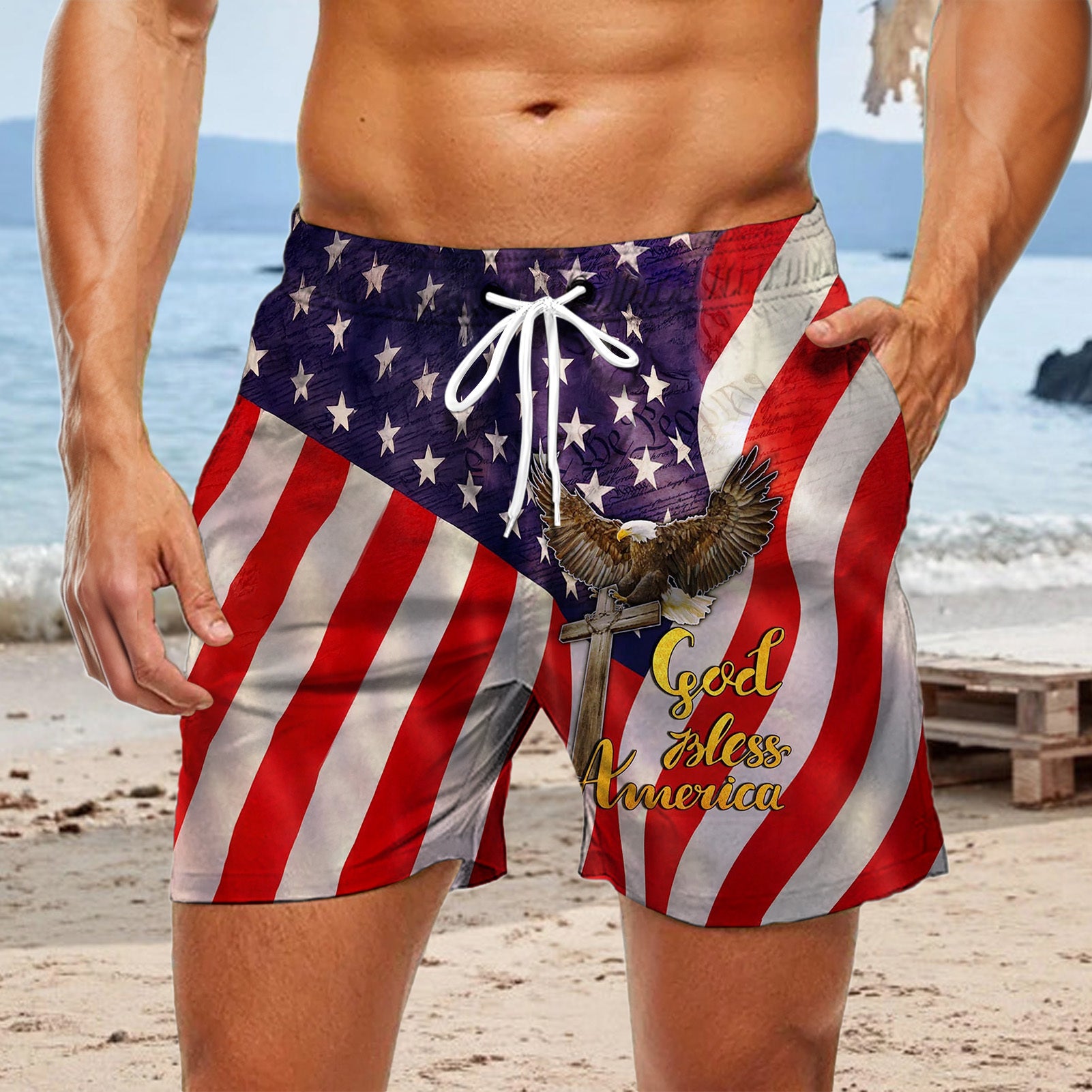 Men red white blue patriotic print casual shorts playing volleyball at beach for Independence Day lifestyle scene