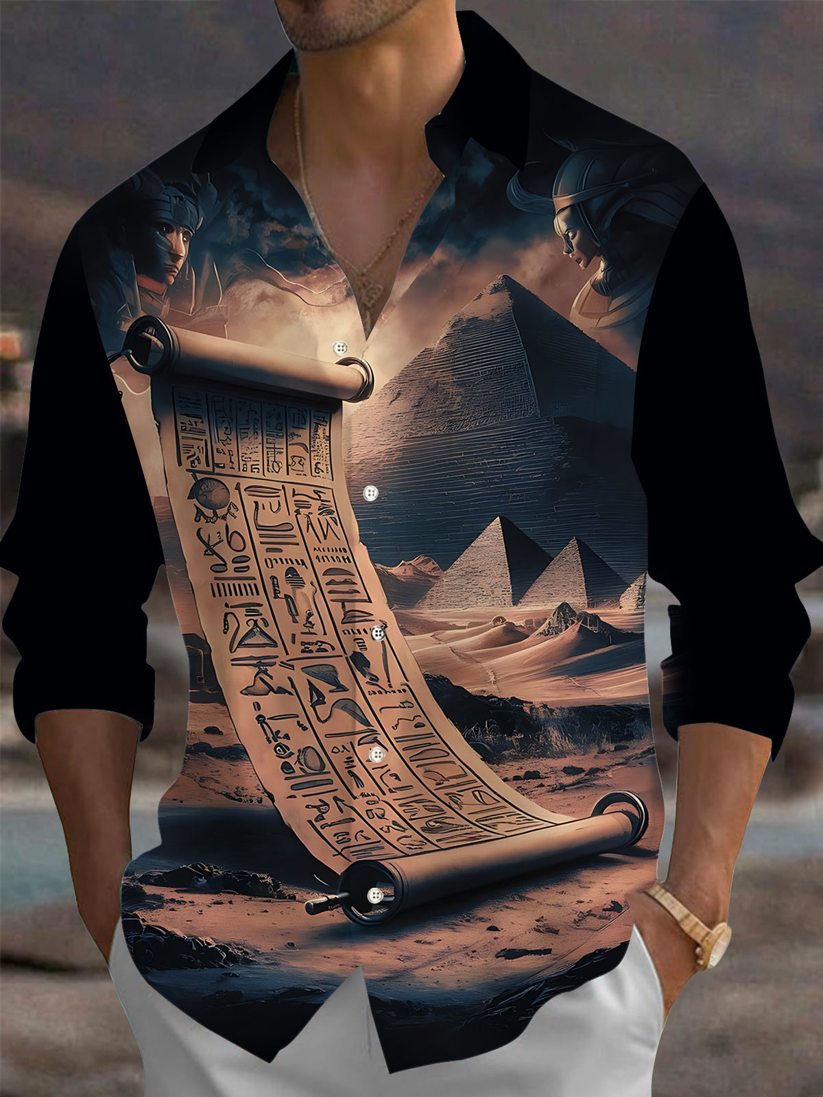 Vintage Scroll Pyramid Print Men's Pocket Long Sleeve Shirts