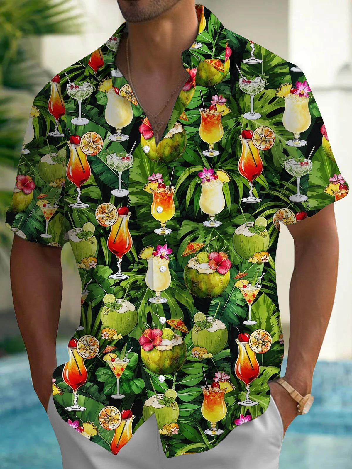 Hawaiian Cocktail Coconut Print Men's Pocket Short Sleeve Shirts