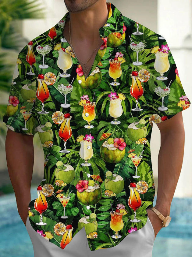 Hawaiian Cocktail Coconut Print Men's Pocket Short Sleeve Shirts