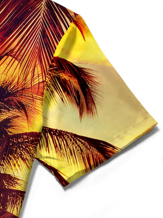 Men's green Hawaiian palm print short sleeve shirt close-up detail
