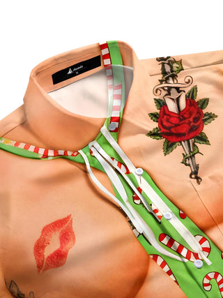Men's fun muscle Christmas tie print short sleeve shirt side view