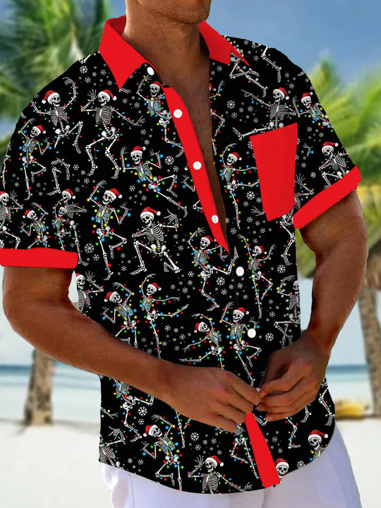 Christmas Skull Print Men's Pocket Short Sleeve Shirts