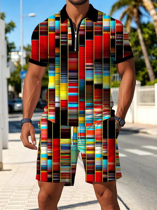 Geometry Men's Short Sleeve Zipper Polo And Shorts Set