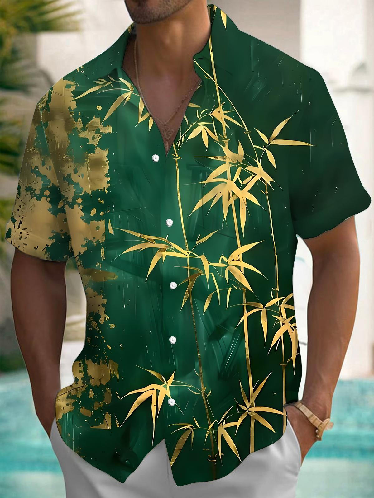 Bamboo Print Men's Pocket Short Sleeve Shirts