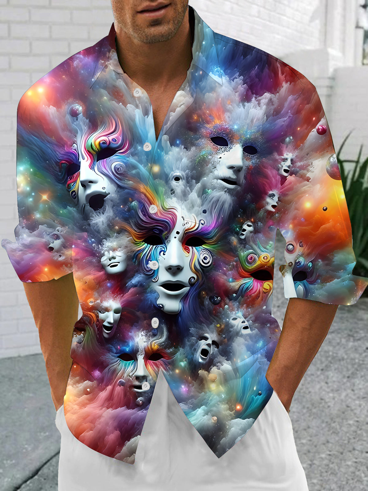 Abstract Human Face Print Men's Pocket Long Sleeve Shirts