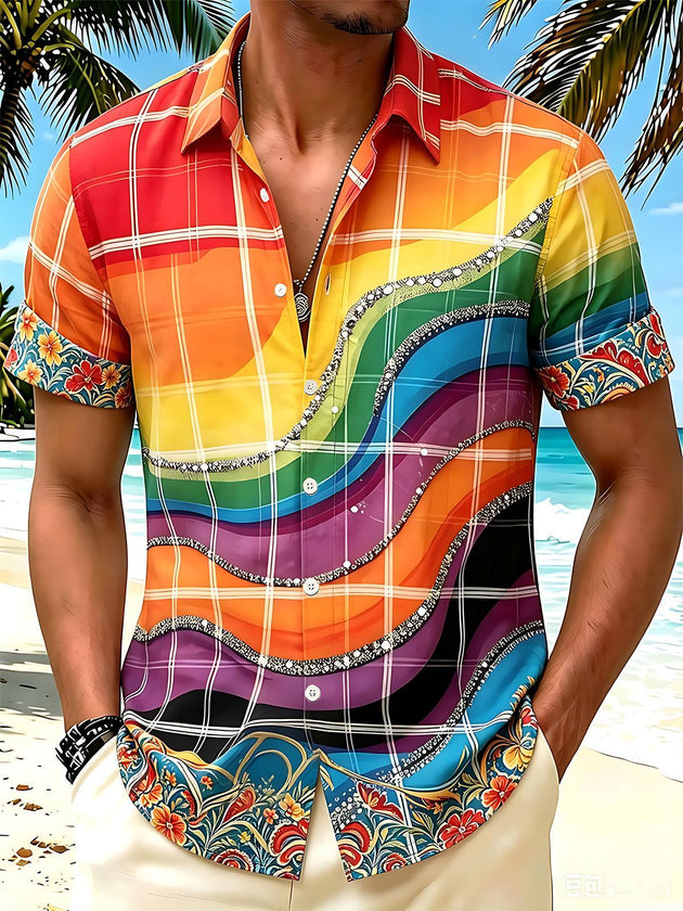 Pride Month Colorful Plaid Rhinestone Floral Hawaiian Men's Pocket Short Sleeve Shirts
