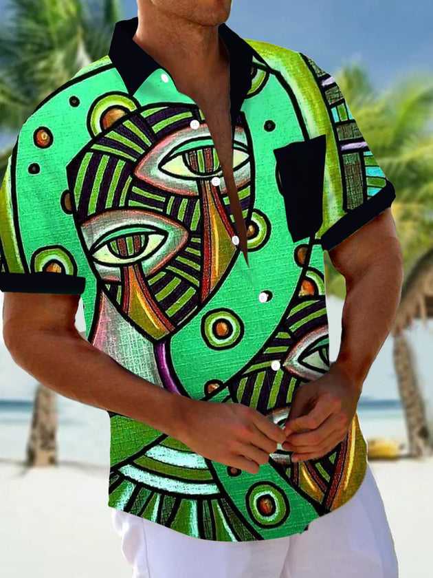 Men's abstract eyes geometric print short sleeve shirt front view