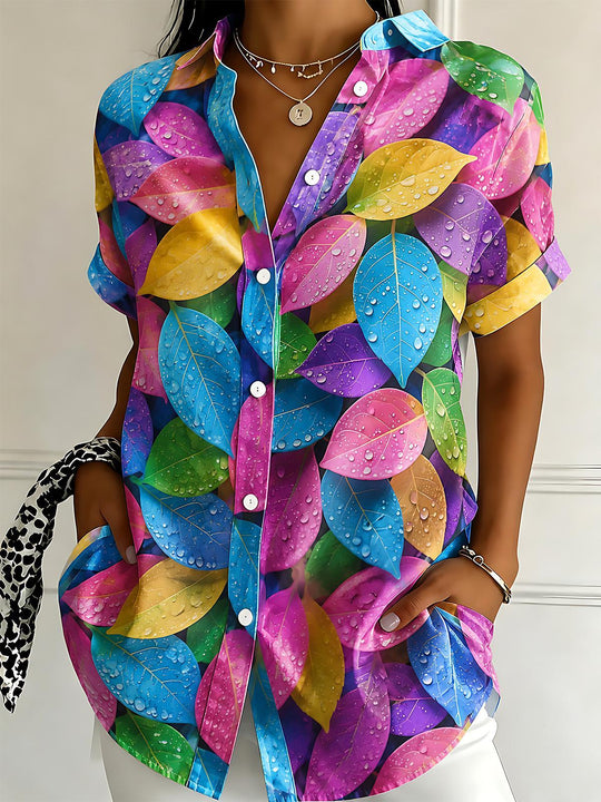 Colorful Water Drop Leaves Women's Short Sleeve Shirts