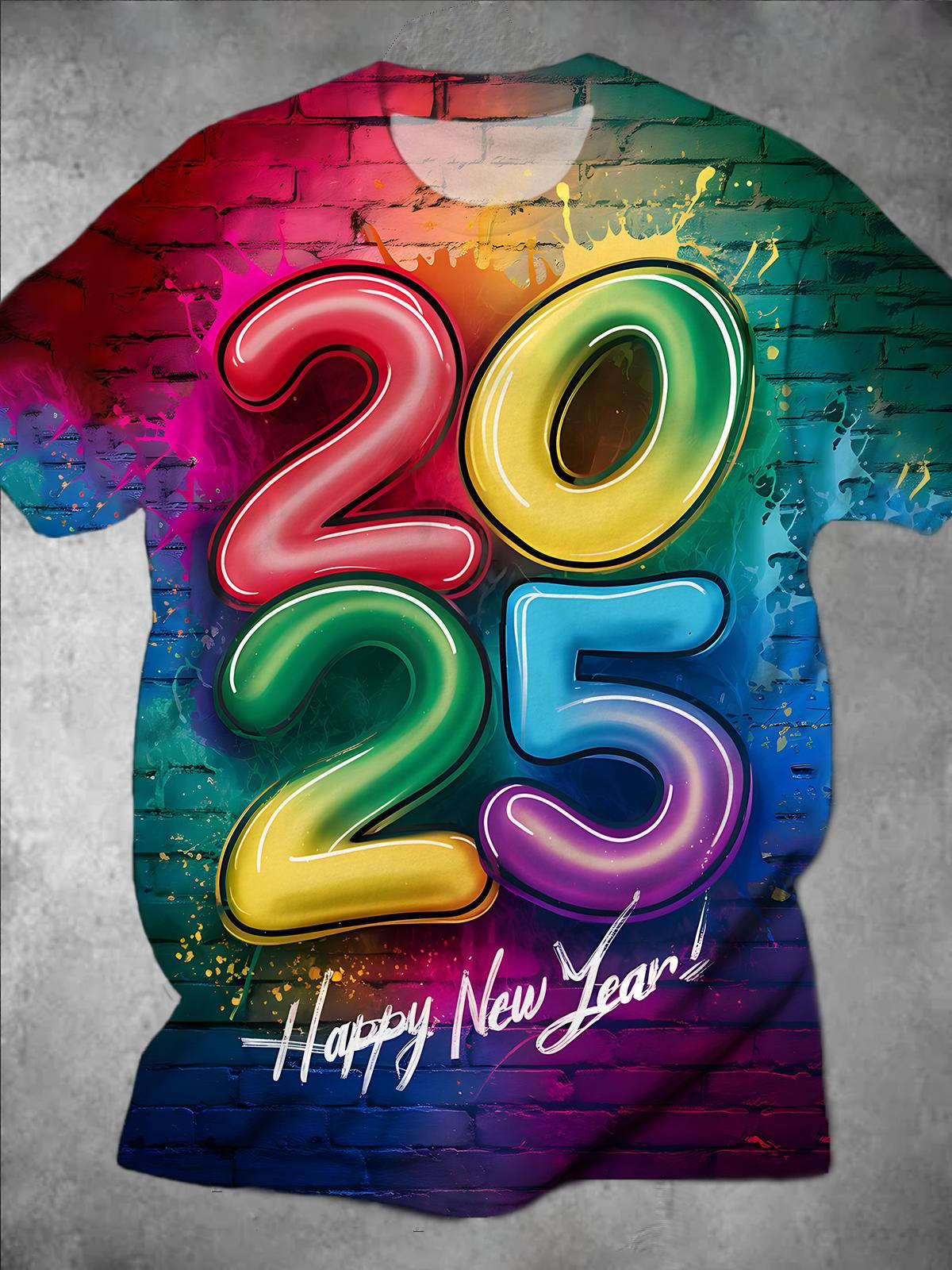 2025 Happy New Year Round Neck Short Sleeve Men's T-shirt