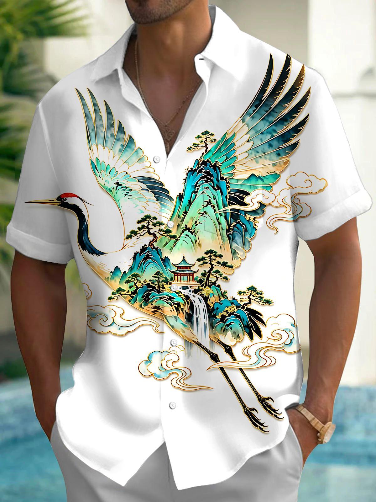 Art Gilded Red-Crowned Crane Mountain Pavilion Cloud Men's Pocket Short Sleeve Shirts