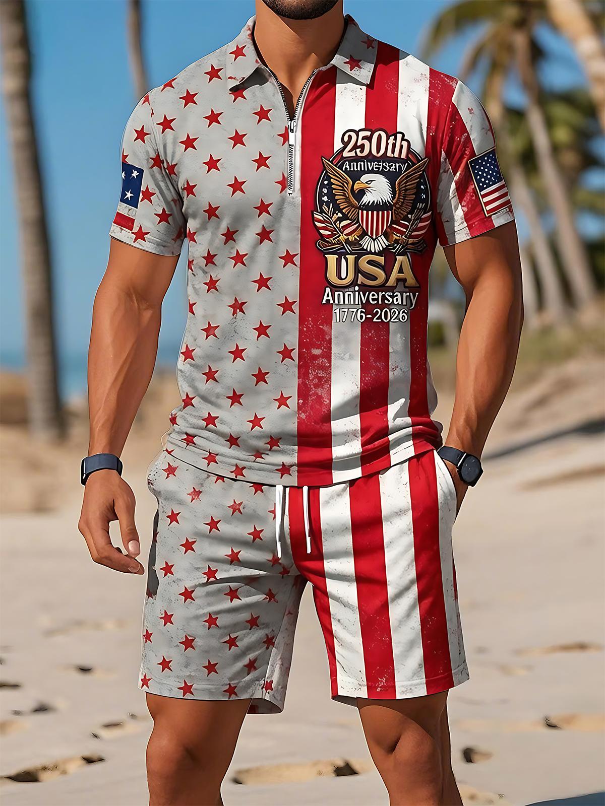 USA 250th Anniversary Bald Eagle Vintage American Flag Independence Day Men's Short Sleeve Zipper Polo
