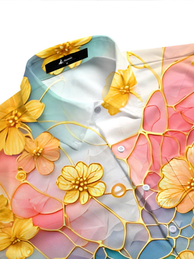 Art Golden Flower Gradient Watercolor Men's Pocket Short Sleeve Shirts